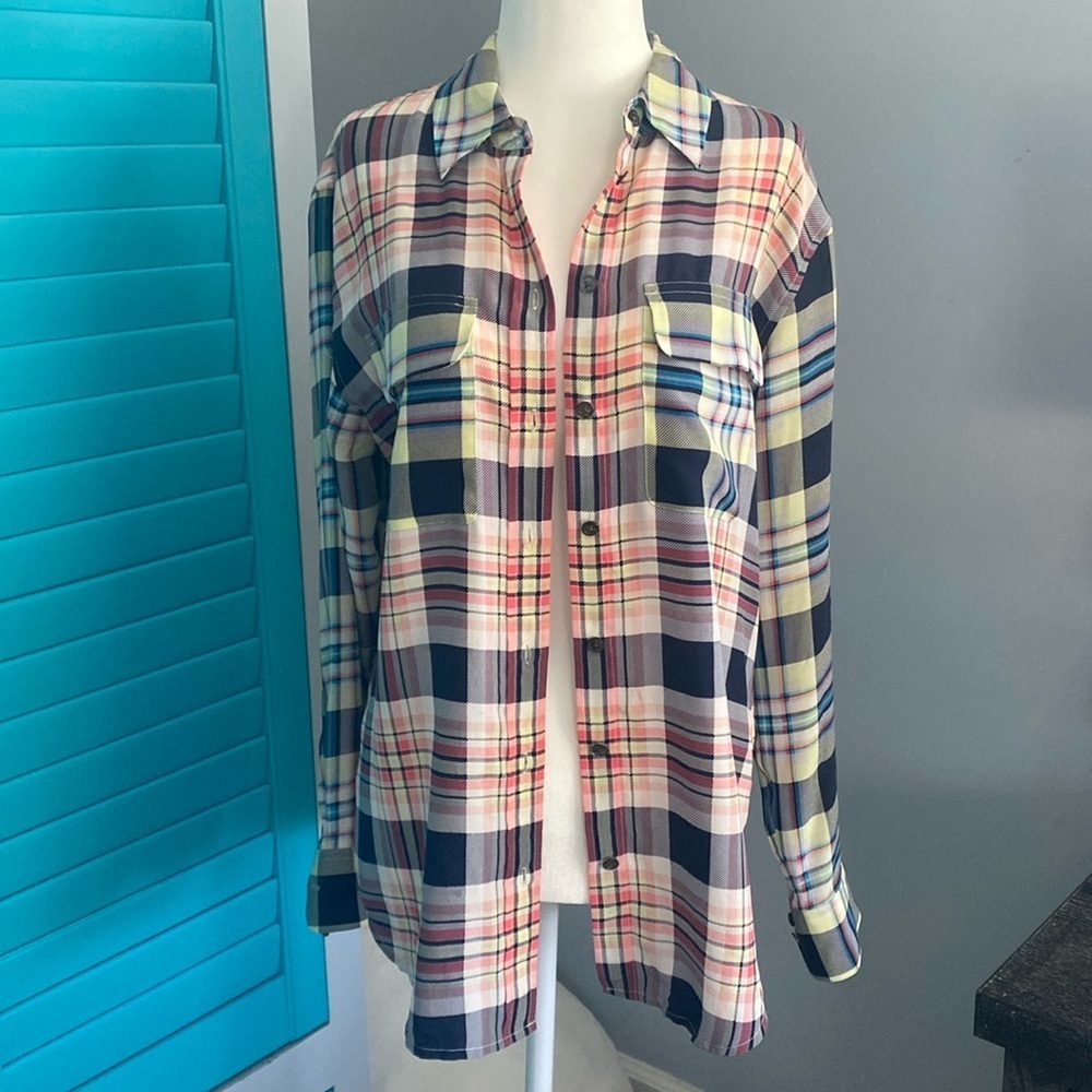 Equipment Womens Silk Shirt Long Sleeves Button Up Plaid Pink Black Size XS